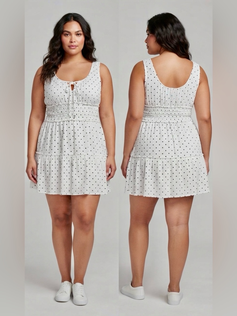White Polka Dot Smocked Mini Dress with Tie Front
